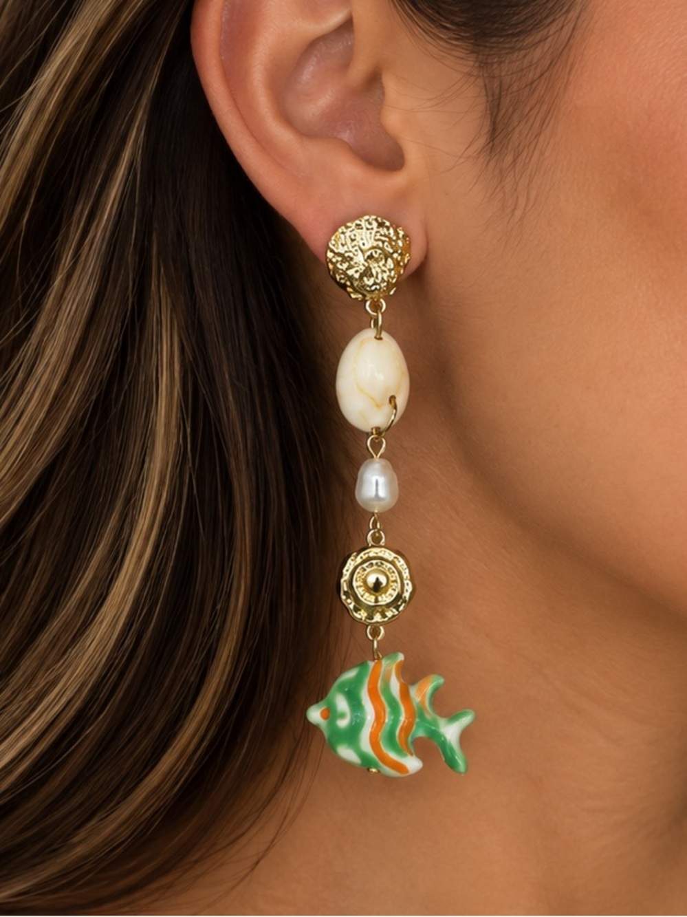 Tropical Fish Puka & Seashell Drop Earrings | Gold Coastal Pearl Dangle Earring
